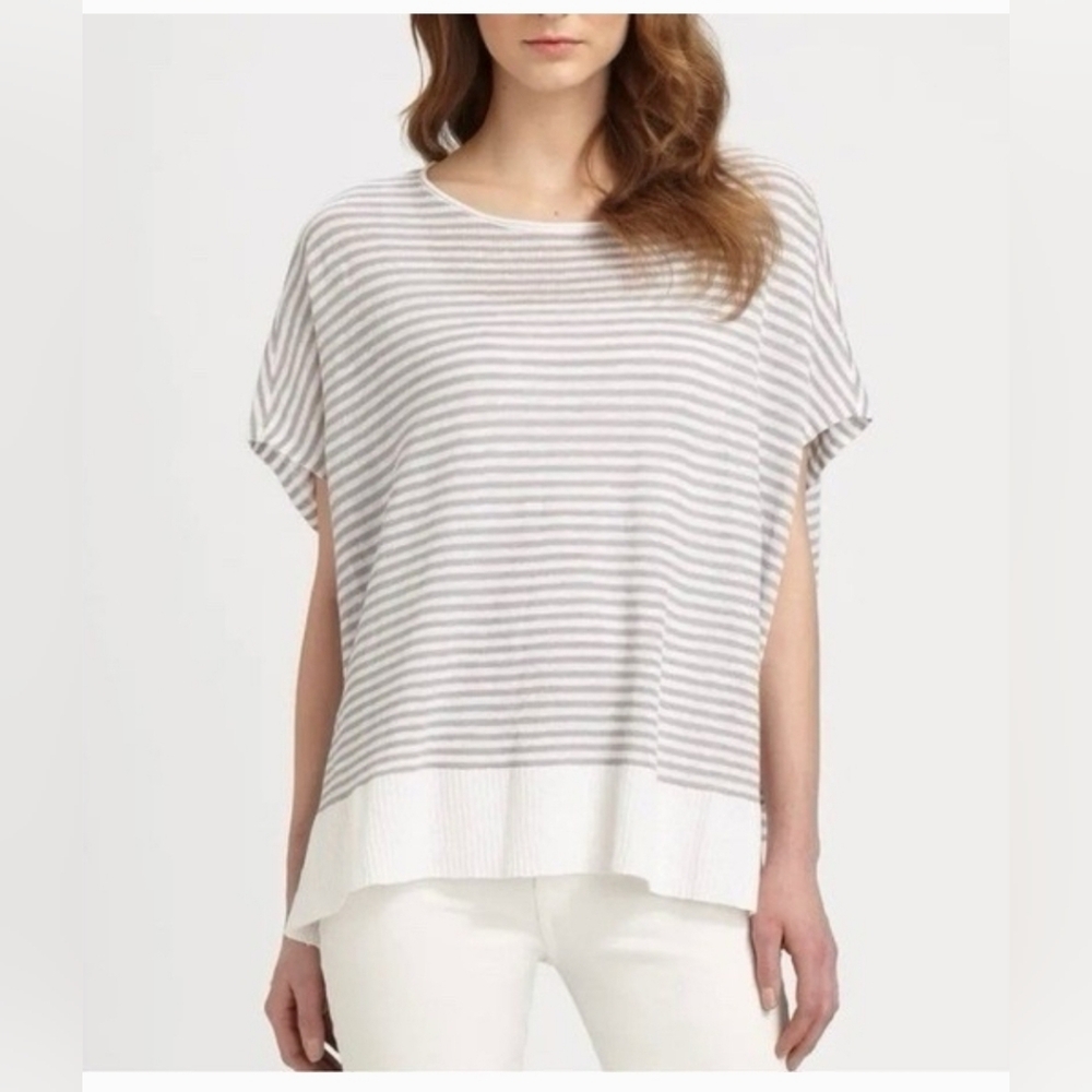 Eileen Fisher Linen Knit Boxy Oversized Stripe Kimono Cap Sleeve Top L
